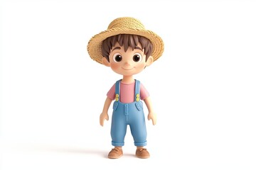 A smiling cartoon boy wearing overalls, a pink shirt, and a straw hat stands against a white background.