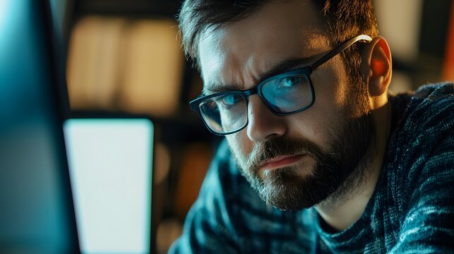 Male coder working in office in daily. Focused and dedicated developer portrait on Programmer&rsquo;s Day