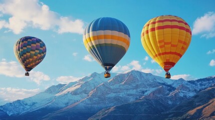 Obraz premium Hot Air Balloons Soaring Over Snowy Mountains