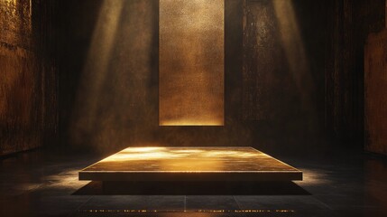 In a dark room, a golden platform shines under a focused spotlight, evoking a sense of prestige and exclusivity.