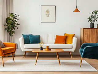 This is a living room with a white sofa and cushions and armchairs. There are orange and blue chairs and cushions to accentuate the Scandinavian interior as a base. Generative AI
