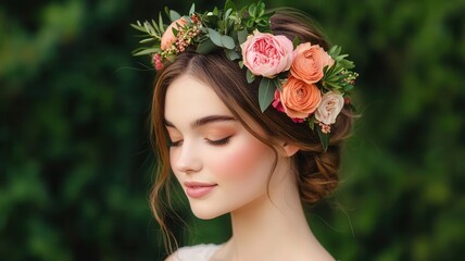 Naklejka premium Messy bun with faceframing strands and a flower crown, paired with dewy makeup and a sunkissed glow