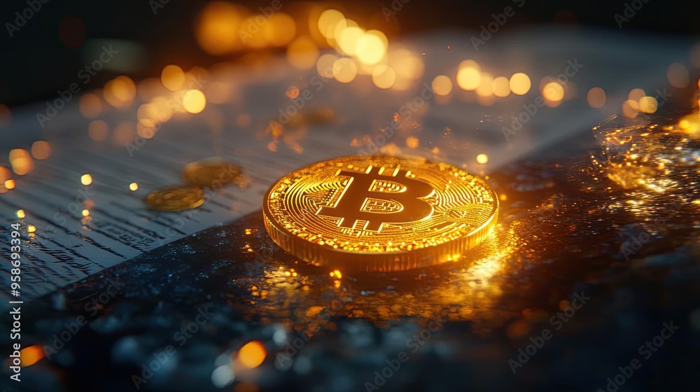 Poster a close-up of a bitcoin coin glowing on a dark surface, showcasing modern cryptocurrency in a financ