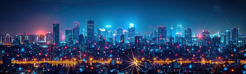 Fototapeta premium A view of a city at night with a lot of lights, telecommunication industry, banner, copy space