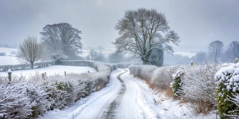 A scenic path winding through the English rural countryside covered in a thick blanket of snow during a heavy snowstorm, cold, rural, storm, countryside, blanket, weather,winter, nature