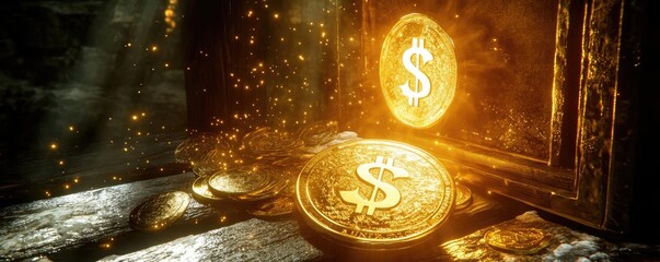 A vivid scene featuring shining gold coins and sparkling dollar signs, symbolizing wealth and prosperity in a treasure setting.