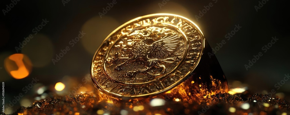 Poster a close-up of a golden coin resting on sparkling gems, showcasing intricate detail and a captivating