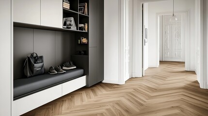 Fototapeta premium A warm, inviting hallway showcases white cabinets with black hardware and light wood floors, providing ample storage for shoes and small items. The design creates a cozy atmosphere