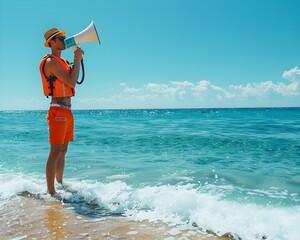 Lifeguard With Megaphone Representing Beach Safety and Public Announcements