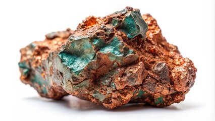 A close up photograph of a copper ore specimen on a white background with striated leading lines, geology, mine, valuable, copper rock,copper ore, metallic ore