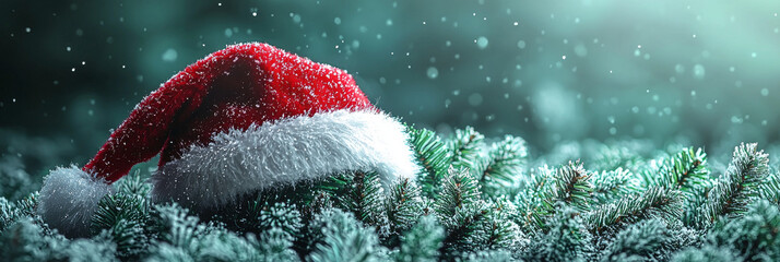 A festive red Santa hat rests on a bed of snowy pine branches, creating a magical winter wonderland scene.