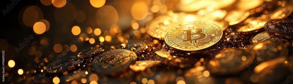Poster a glimmering close-up of bitcoin coins, surrounded by vibrant bokeh lights that enhance the digital 