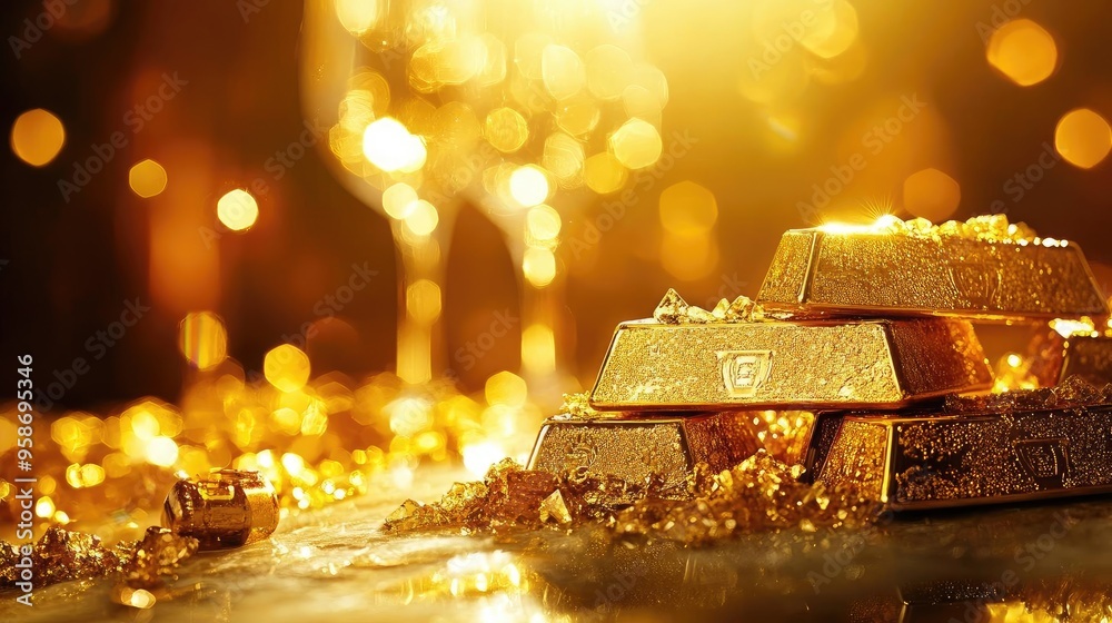 Poster A luxurious display of golden bars and glittering jewels, symbolizing wealth and prosperity in a shimmering ambiance.