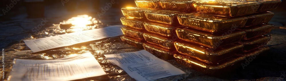 Poster a close-up view of stacked gold bars next to documents, highlighting wealth and financial investment
