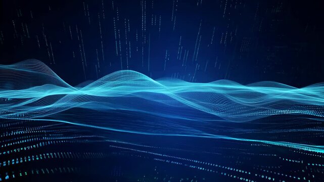 A vibrant digital landscape showcases flowing blue patterns against a dark backdrop, symbolizing sound waves and digital signals.