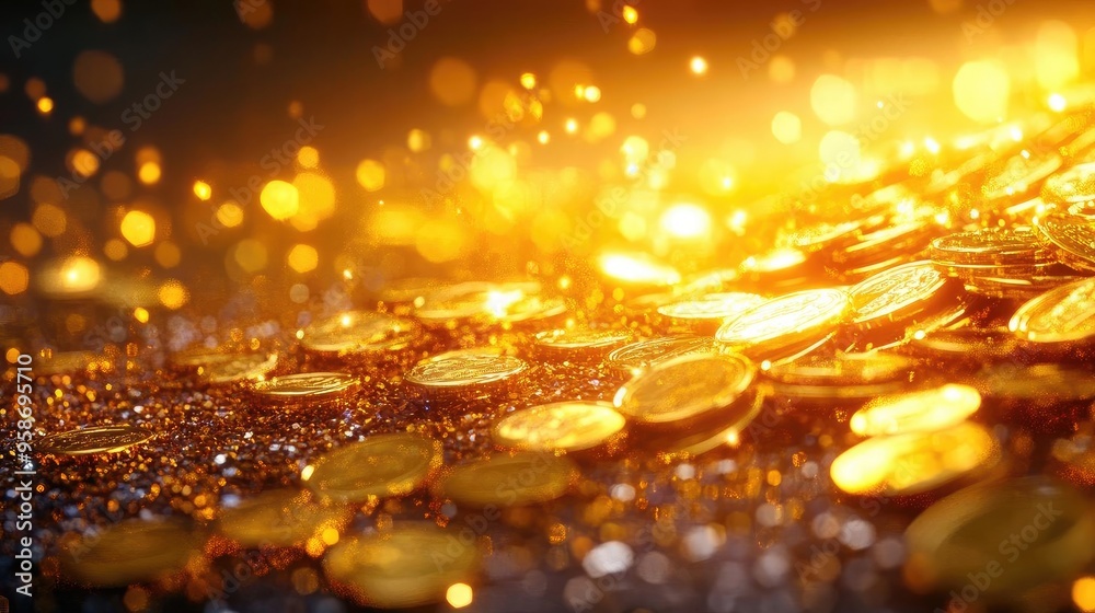 Poster a mesmerizing display of shining gold coins scattered with brilliant light reflections, evoking a se