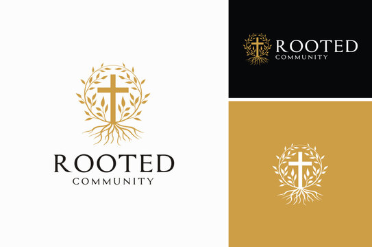 Nature Wild Vines Plant Flower with Rooted Christian Cross Crucifix for Church Community logo design 
