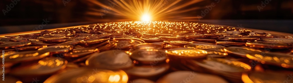 Aufkleber a stunning view of shining coins illuminated by a golden sunlight, symbolizing wealth and prosperity