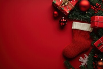 Red Christmas Stocking with Ornaments and Presents