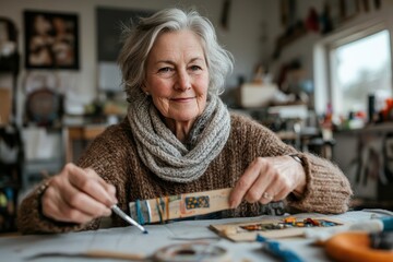 Fototapeta premium An elderly woman meticulously crafting at her workbench, surrounded by an array of tools and supplies in a cozy, well-organized workshop, reflecting creativity and peace.