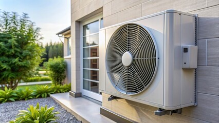 air conditioner, close-up, renewable energy, installation, house, appliance, A close up view of a modern heat pump installed on the wall of a house with a shallow depth of field