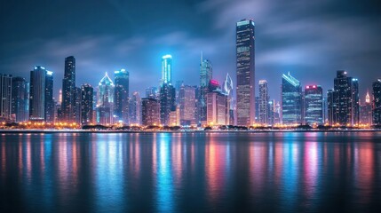 Chicago Skyline at Night with City Lights Reflecting in Water