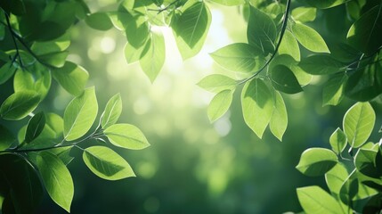 Lush green leaves frame a peaceful forest scene, with dappled sunlight filtering through, creating a serene natural atmosphere.