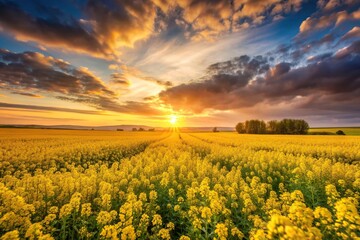 Obraz premium A stunning panoramic view of a picturesque sunset casting warm hues over a vast field of blooming yellow rapeseed flowers, calming, flowers, picturesque, countryside, vibrant, scenic