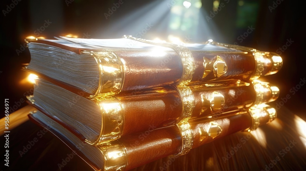 Poster a stack of antique leather-bound books illuminated by ethereal light, symbolizing knowledge and myst