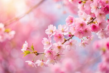 Naklejka premium nature, soft background, serenity, beauty, freshness, botanical, tranquility, Pink cherry blossom flowers blooming on a soft pastel background with ample copy space in a low angle shot