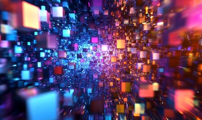 Obraz premium Abstract 3D Render of Colorful Cubes and Glowing Lights