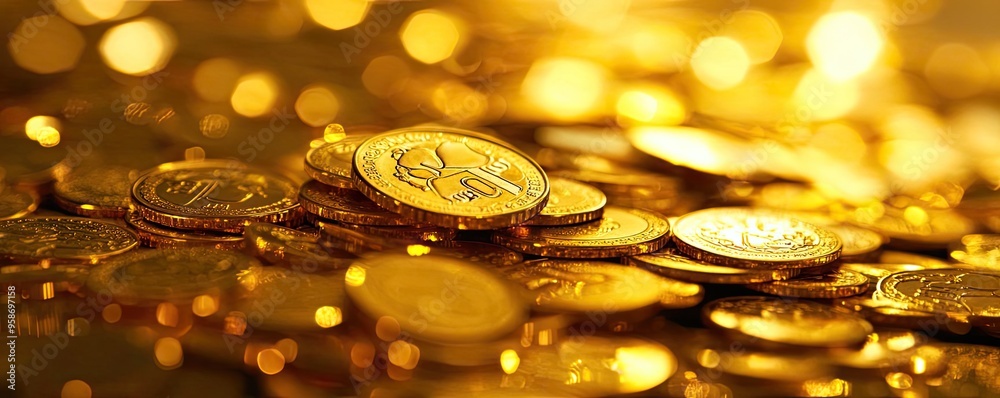 Poster a close-up view of shiny gold coins scattered on a reflective surface, creating a rich and luxurious