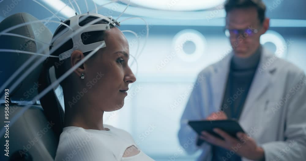 Poster futuristic laboratory: female patient wearing headset for an advanced brain scan, monitored by a doc