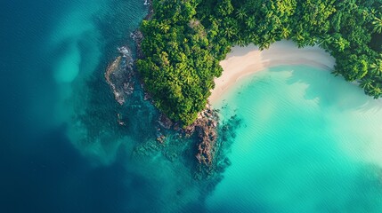 Breathtaking Aerial View of a Lush Tropical Island with Turquoise Crystal Waters