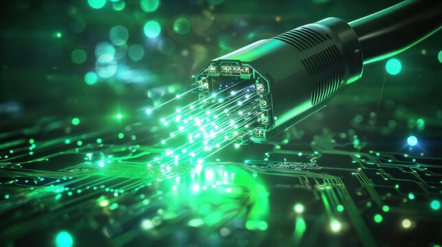 Green tech background with fiber optics cable