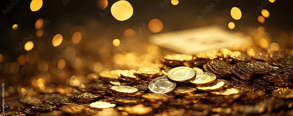 Poster a close-up view of shimmering gold coins scattered on a dark surface, creating an enchanting atmosph