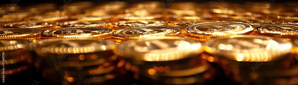 Poster Close-up view of shiny gold coins stacked together, creating an alluring and rich texture. Ideal for finance and wealth concepts.