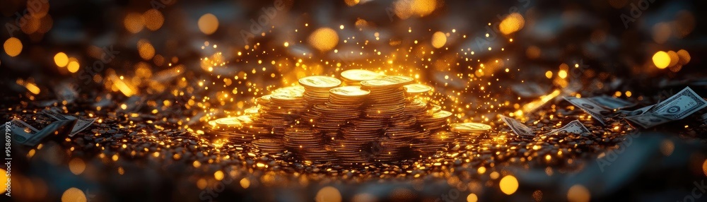 Poster a mesmerizing arrangement of glowing coins surrounded by shimmering lights, symbolizing wealth and p