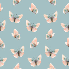 Delicate, flying, elegant butterflies in the trendy pastel color peach fuzz in a vintage style. Hand drawn watercolor illustration. Seamless pattern, repeating ornament on a blue background