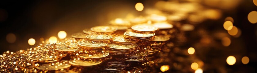 A stunning close-up of shimmering golden coins, symbolizing wealth, prosperity, and abundance in a captivating background of sparkles.