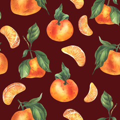Orange tangerines with green branch and leaves, citrus tropical fruit, whole and slices. Watercolor illustration, hand drawn. Seamless pattern on a burgundy background.