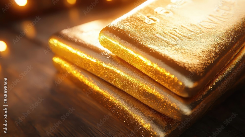 Poster shiny gold bars stacked on a wooden surface, symbolizing wealth and luxury with a warm glow from amb