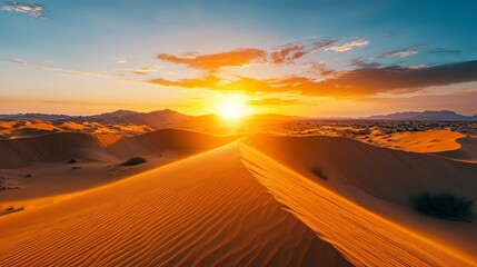 Captivating Sunset Over Vast Desert Landscape with Sand Dunes and Serene Solitude