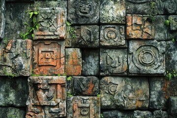 Ancient Stone Wall with Carved Symbols and Green Foliage