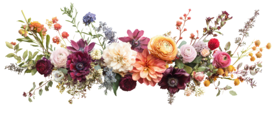 Arrangement of vibrant flowers showcasing a variety of colors and textures isolate on transparent background, cutout, png