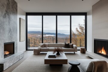 Fototapeta premium A minimalist living room featuring sleek furniture, a modern fireplace, and floor-to-ceiling windows that offer serene views of surrounding mountains, embodying simplicity and tranquility.
