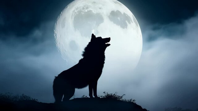 A striking silhouette of a howling wolf against a bright full moon, with soft clouds partially veiling the moonlight. scene evokes the wild beauty of nature and mystery.