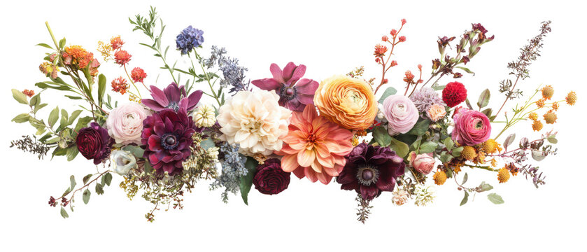 Arrangement of vibrant flowers showcasing a variety of colors and textures isolate on transparent background, cutout, png
