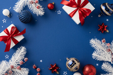 Elegant Christmas scene featuring beautifully wrapped gifts, ornaments, and white pine branches on a blue background. Perfect for holiday celebrations, festive greetings, and seasonal decor