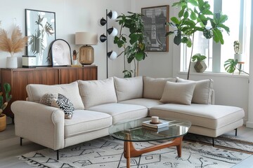 Fototapeta premium Stylish L-shaped sofa bed with beige linen fabric and black metal legs, near a glass coffee table, area rug, white walls, wooden sideboard, floor lamp, plants, and framed wall art.